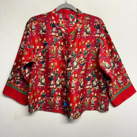 Josie Natori Vintage Red Japanese Print Top Geisha Asian M or L - Picture 1 of 7